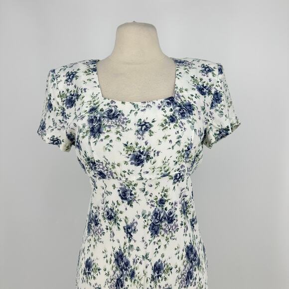 Vintage Benson Smith Midi Dress Sz 11/12 Floral Fitted Romantic Derby White Blue - Picture 5 of 16